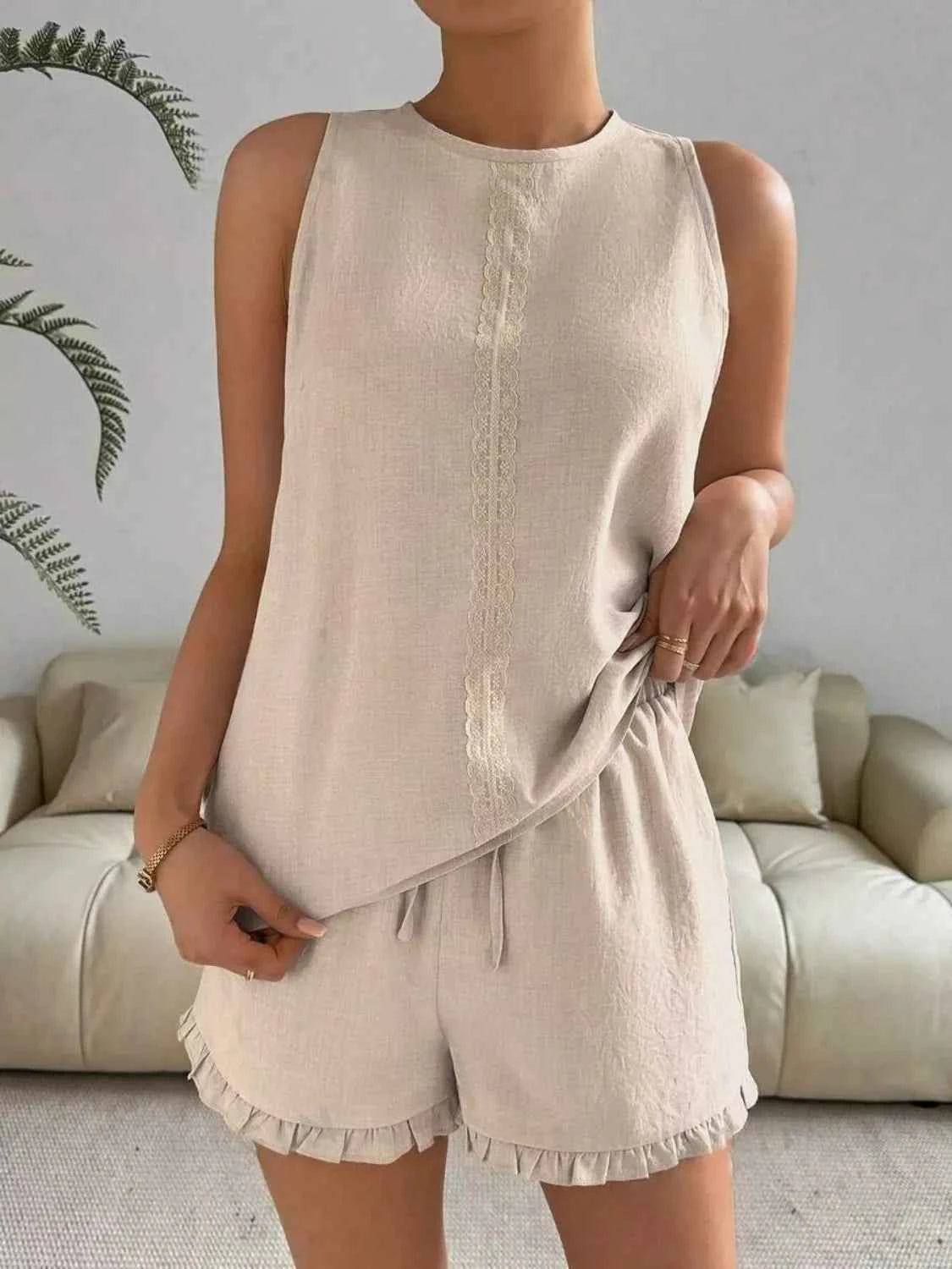 Lace Detail Round Neck Tank and Shorts Set