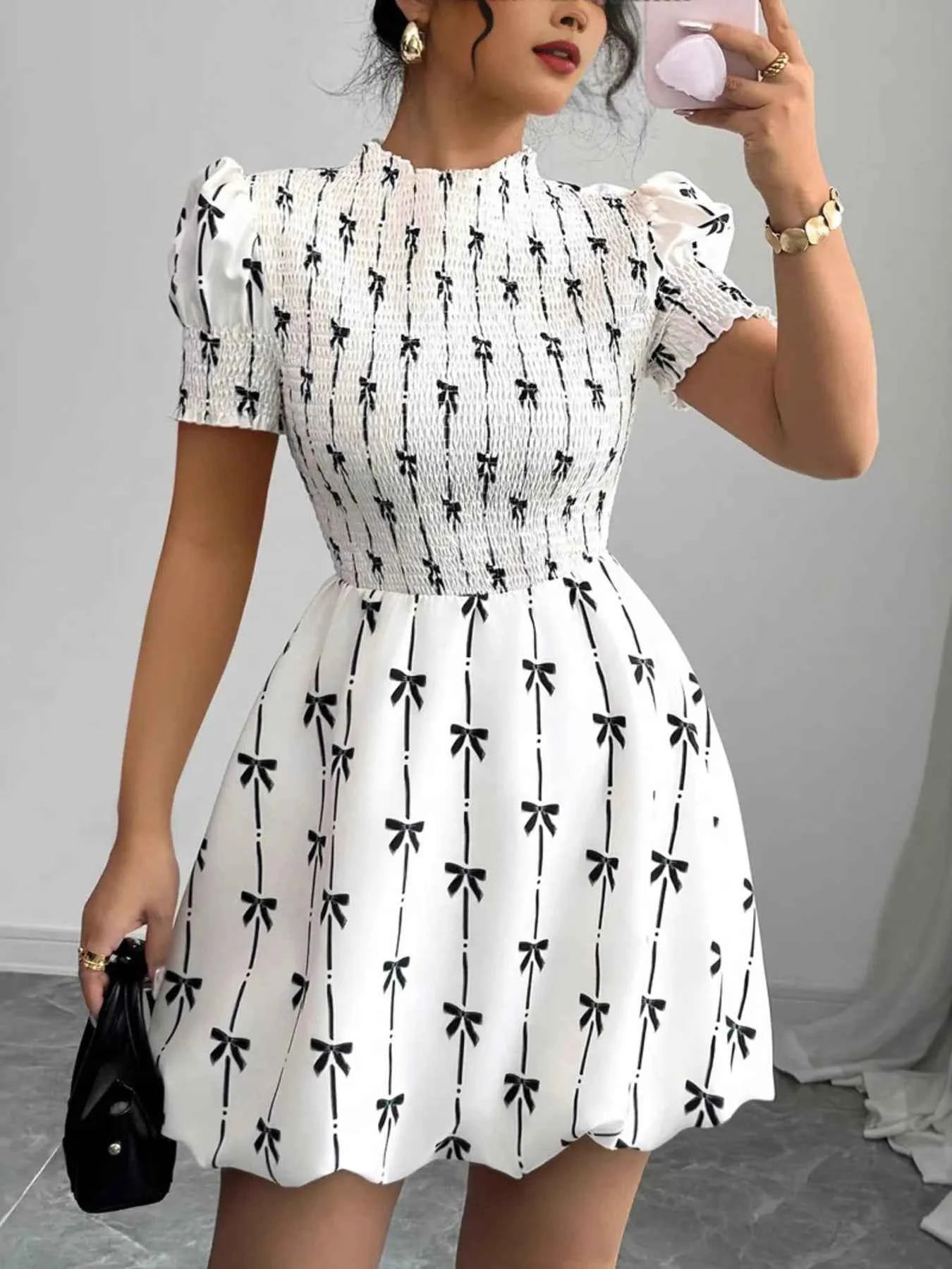 Smocked Bow Print Short Sleeve Dress