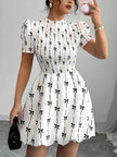 Smocked Bow Print Short Sleeve Dress