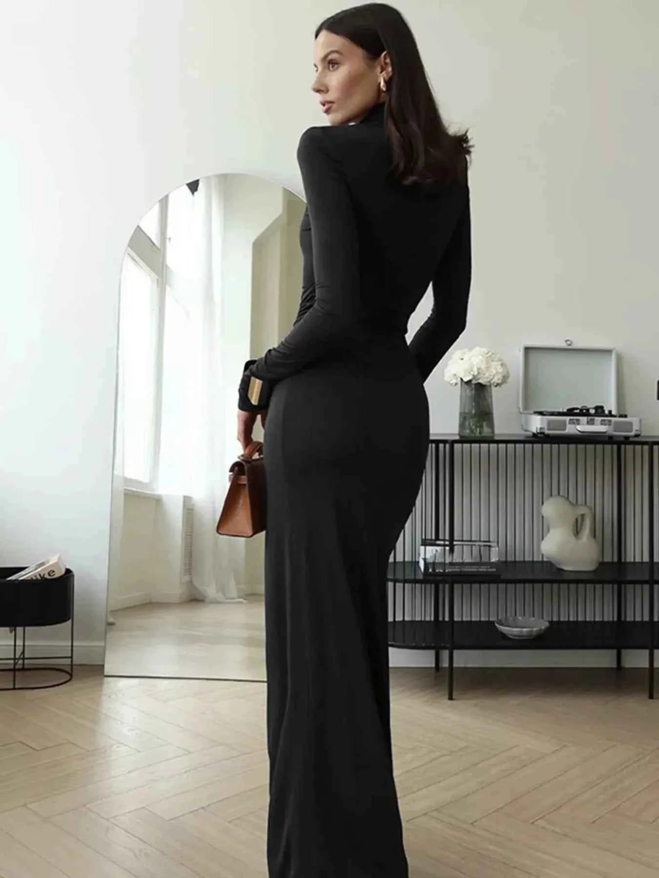 Turtleneck Long Sleeve Tie Waist Maxi Dress