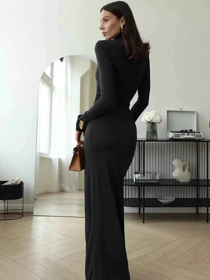 Turtleneck Long Sleeve Tie Waist Maxi Dress