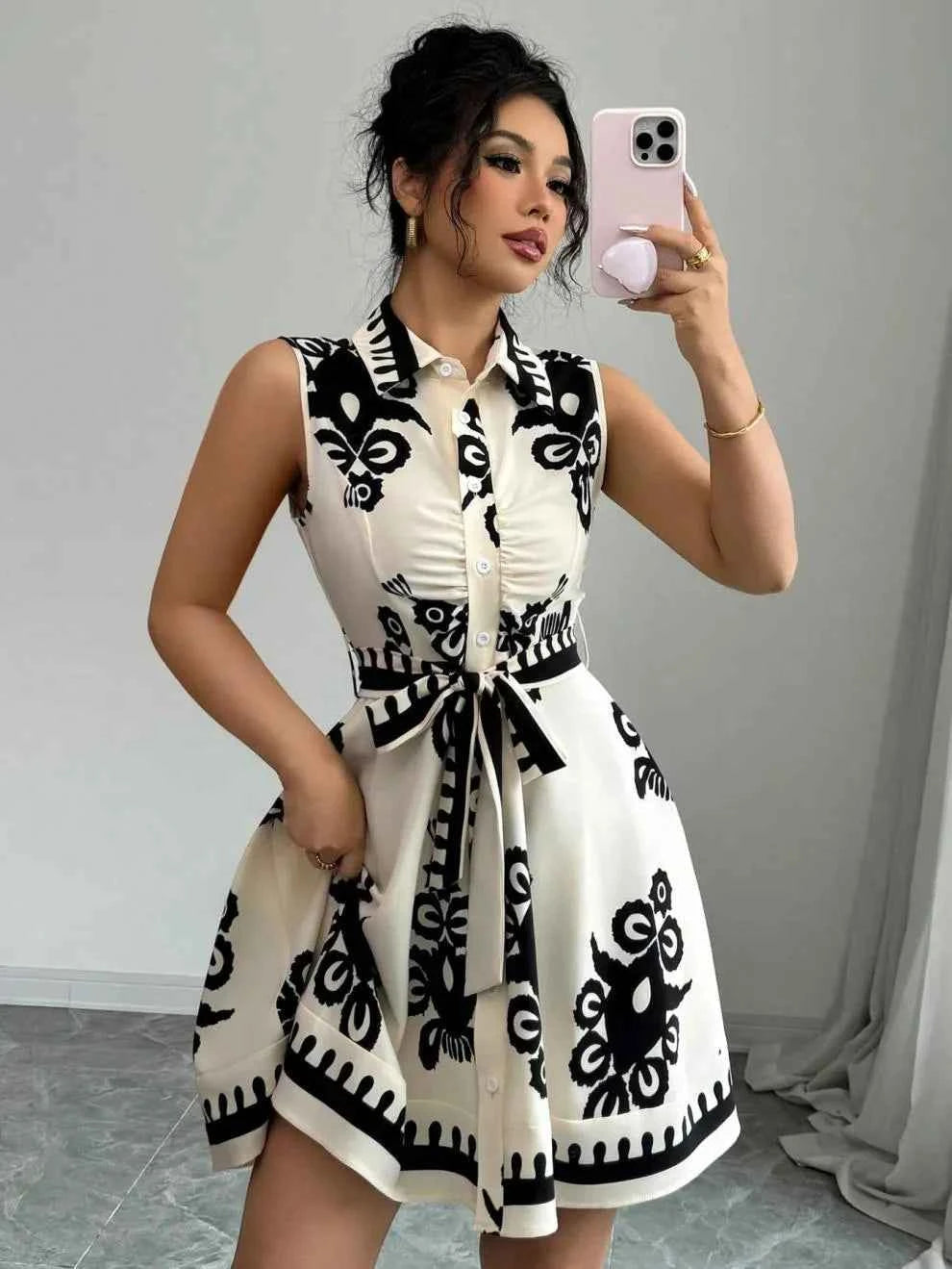 Printed Sleeveless Button Front Dress