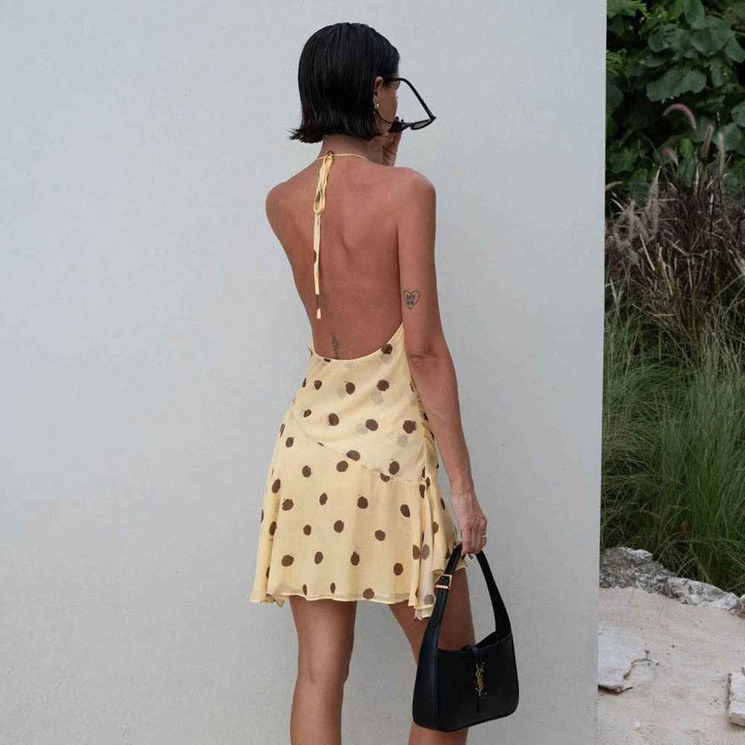Foreign Trade New French Polka Dot Chiffon Dress Sexy Halter Deep V Fork Backless Pencil Skirt