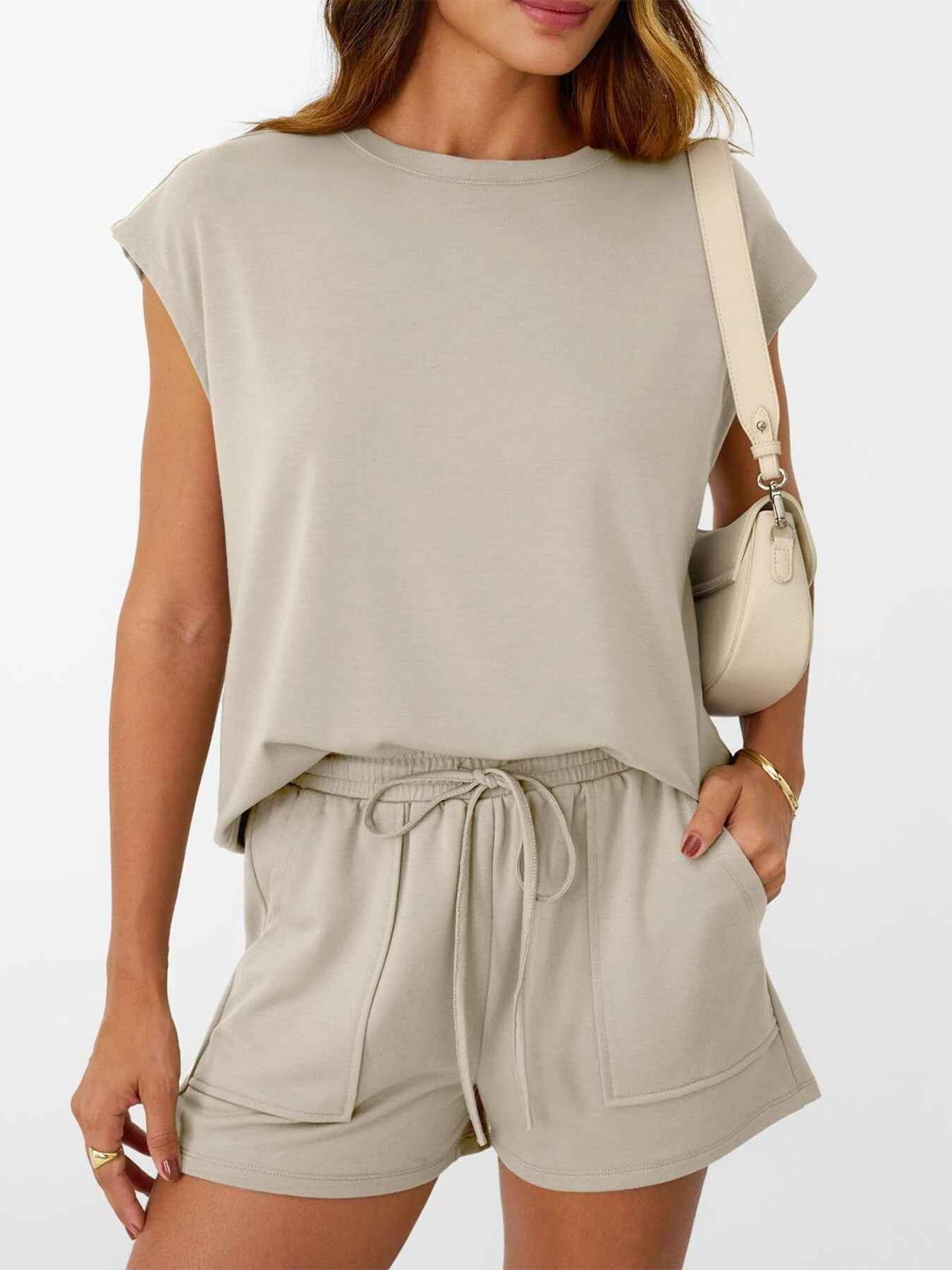 Round Neck Cap Sleeve Top and Shorts Set