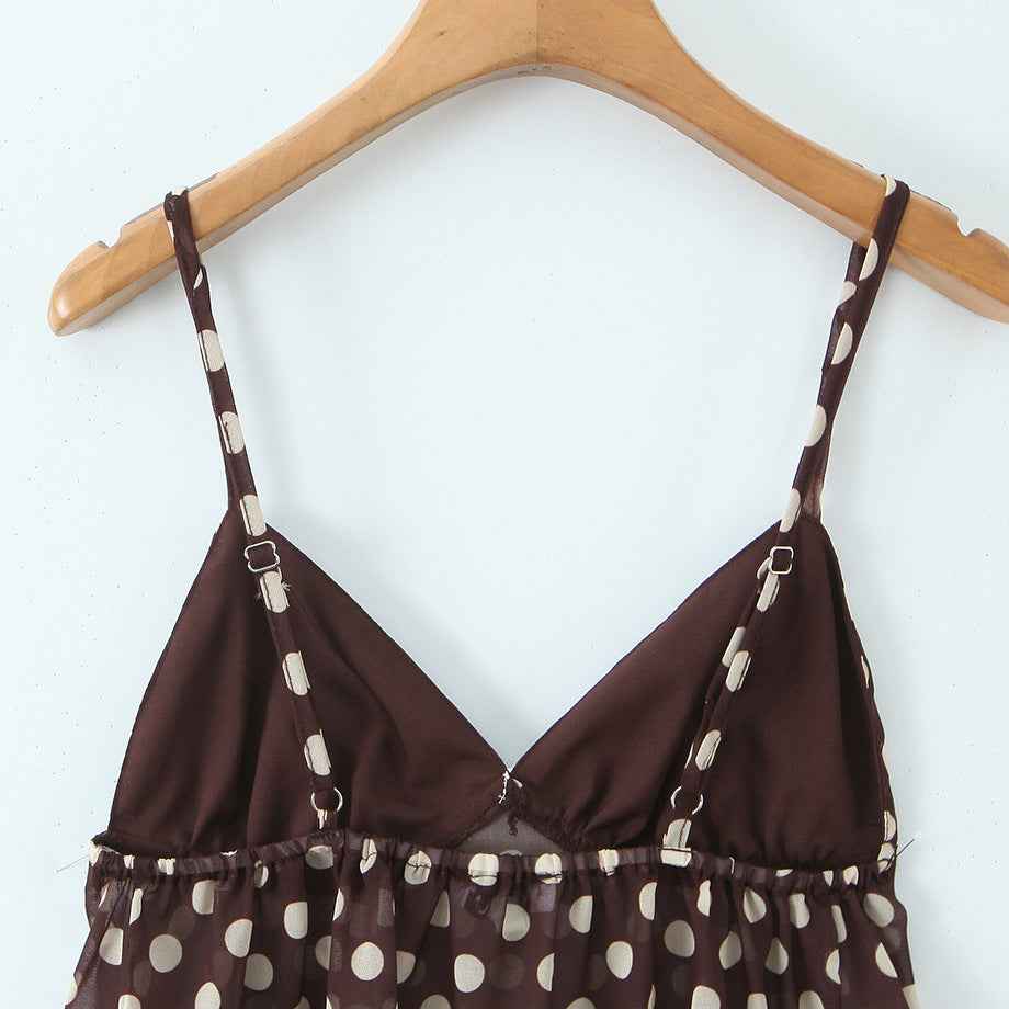 style retro polka dot V-neck crop top matching dress set