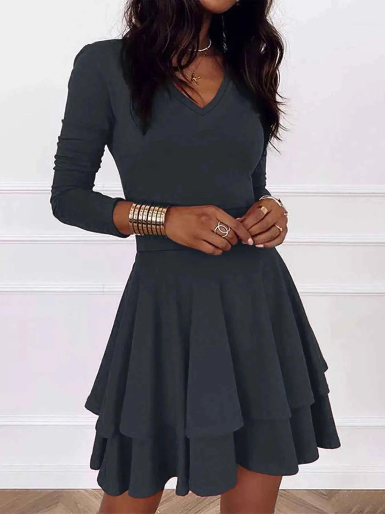 V-Neck Layered Ruffle Mini Dress