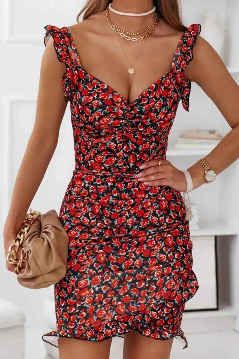 Printed Ruffled Sweetheart Neck Mini Dress