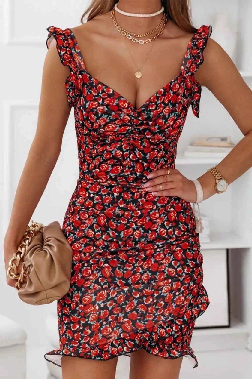 Printed Ruffled Sweetheart Neck Mini Dress