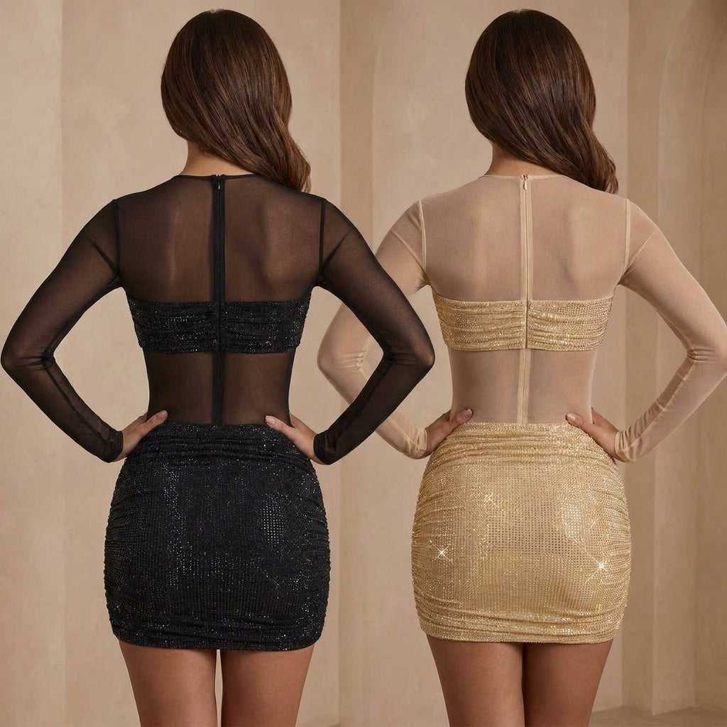 Sheer Mesh Rhinestone Long Sleeve Bodycon Mini Dress