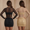 Sheer Mesh Rhinestone Long Sleeve Bodycon Mini Dress
