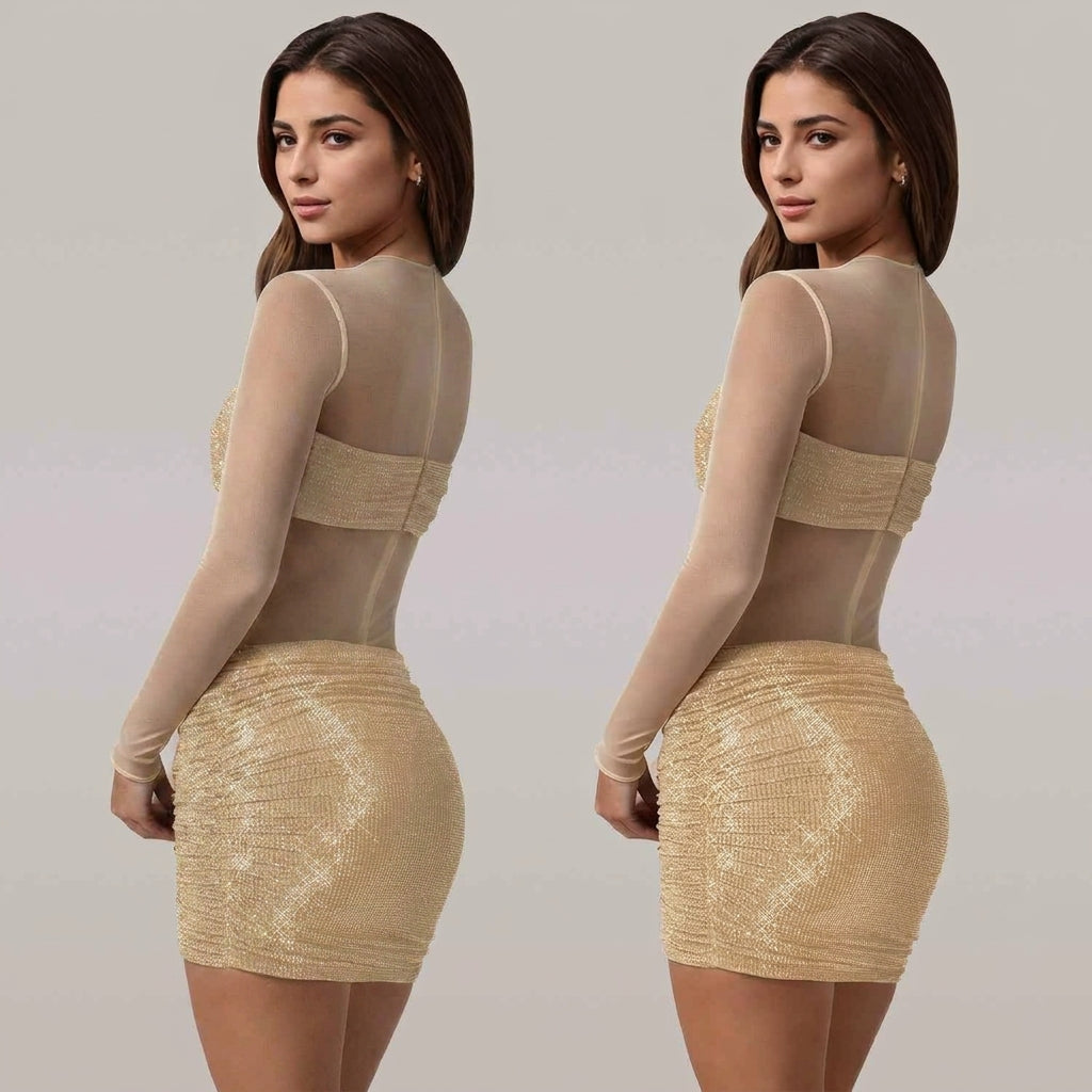 Sheer Mesh Rhinestone Long Sleeve Bodycon Mini Dress