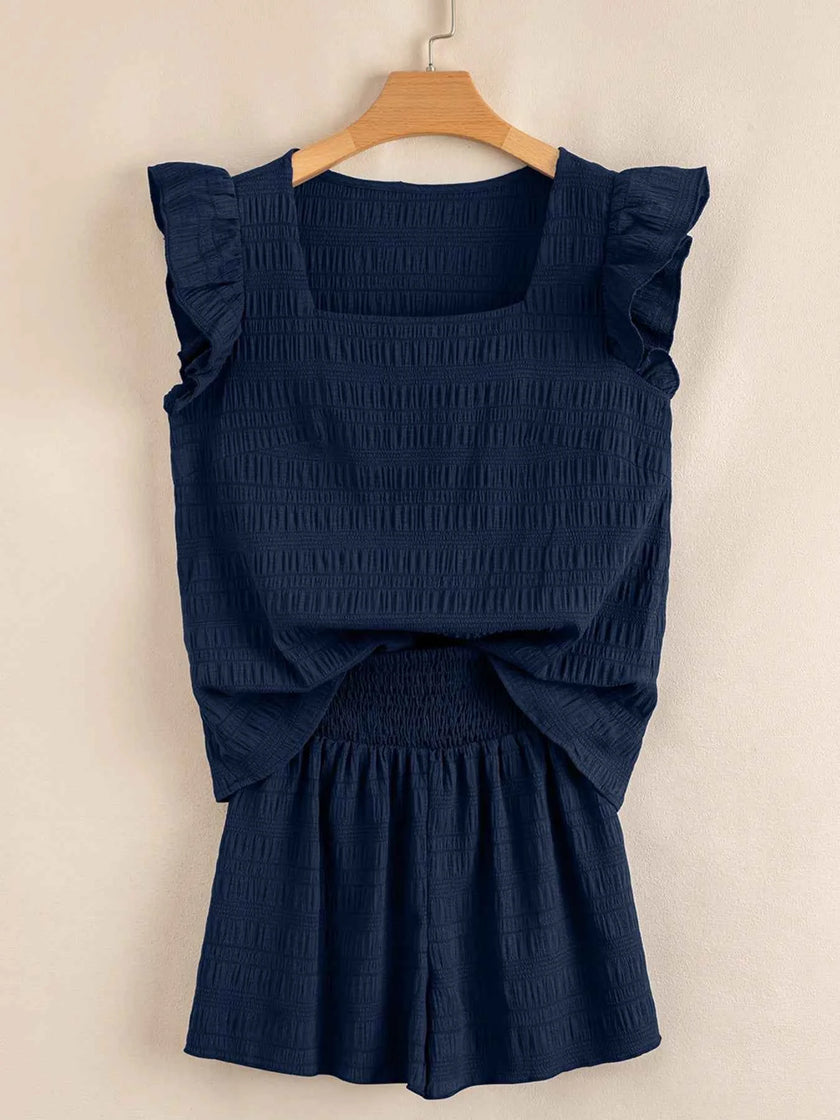 Textured Square Neck Top and Shirred High Waist Shorts Set