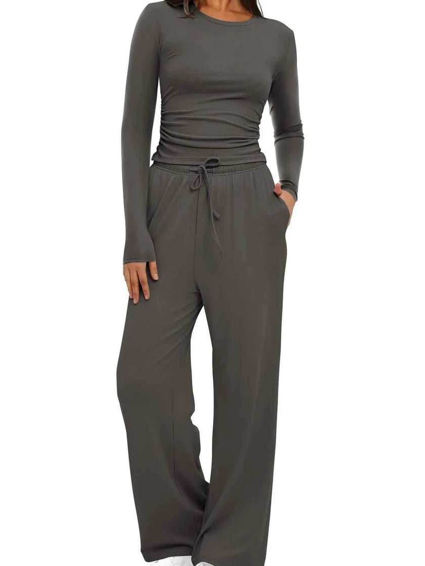 Round Neck Long Sleeve Top and Pants Set
