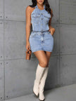 Backless Sleeveless Button Front Denim Mini Dress