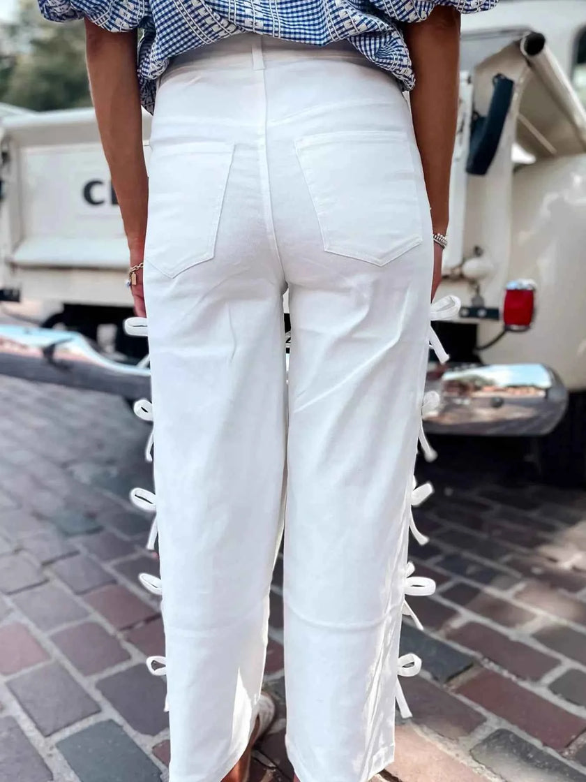 Bow-Accented Wide-Leg Pants