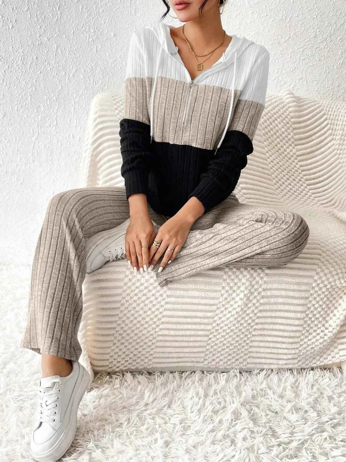 Color Block Half Zip Hooded Top and Pants Set