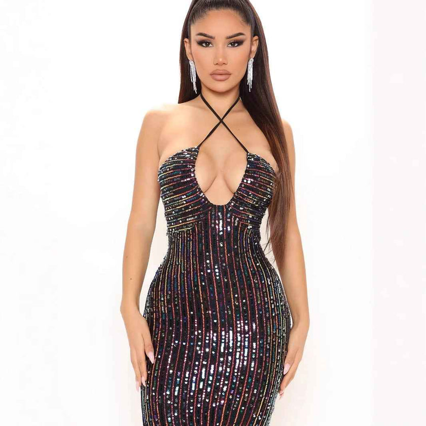 Solid Color Sleeveless Sequin Bodycon Dress