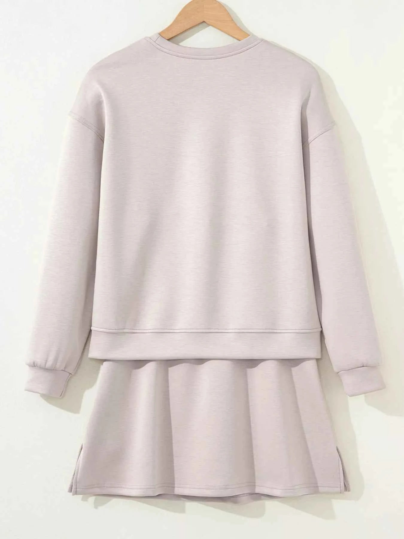 Solid Color Drop Shoulder Pullover and Drawstring Mini Skirt 2pcs Outfit