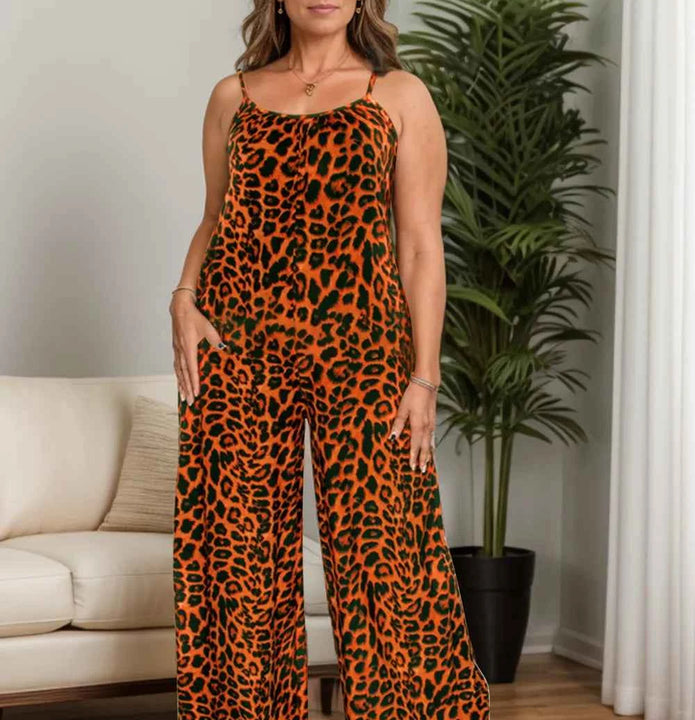 Full Size Leopard Scoop Neck Wide Leg Jumpsuit