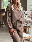 Braided V Neck Long Sleeve Loose Top and Drawstring High Waist Pants 2pcs Outfit