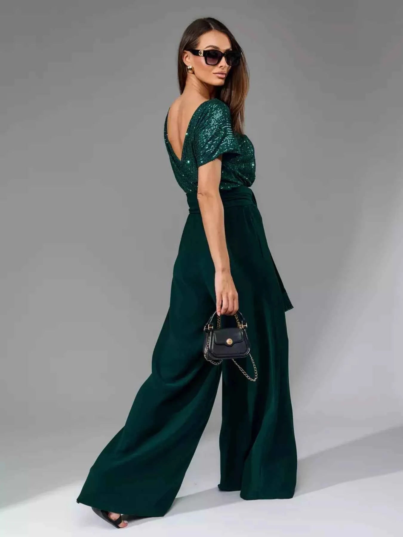 Full Size Sequin Short Sleeve Wide Leg Jumpsuit Plus Size