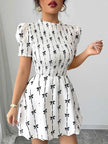 Smocked Bow Print Short Sleeve Dress