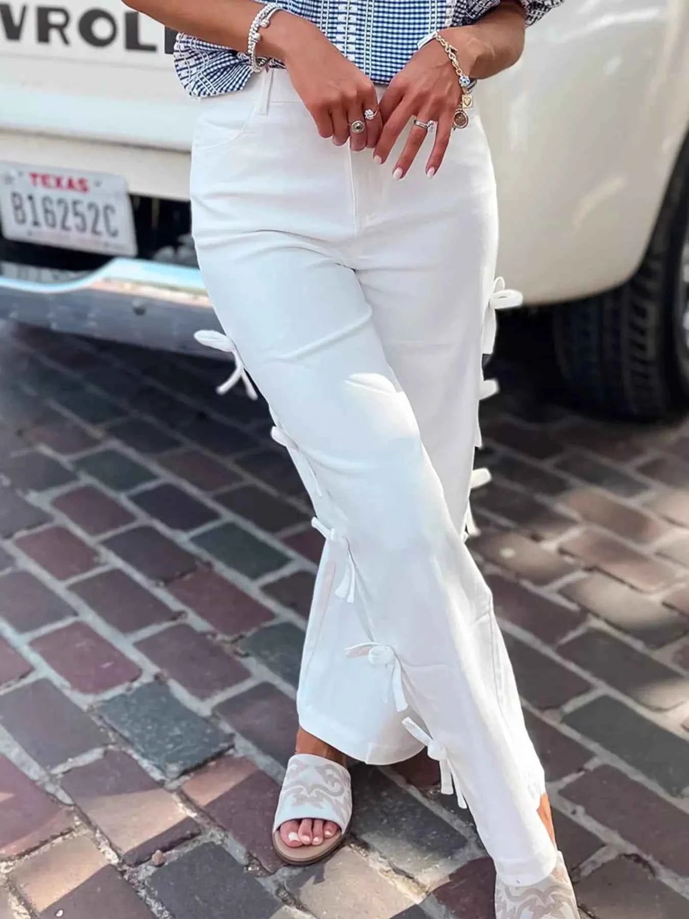 Bow-Accented Wide-Leg Pants