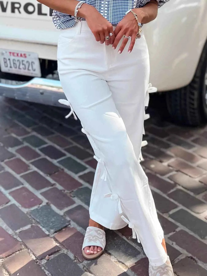 Bow-Accented Wide-Leg Pants