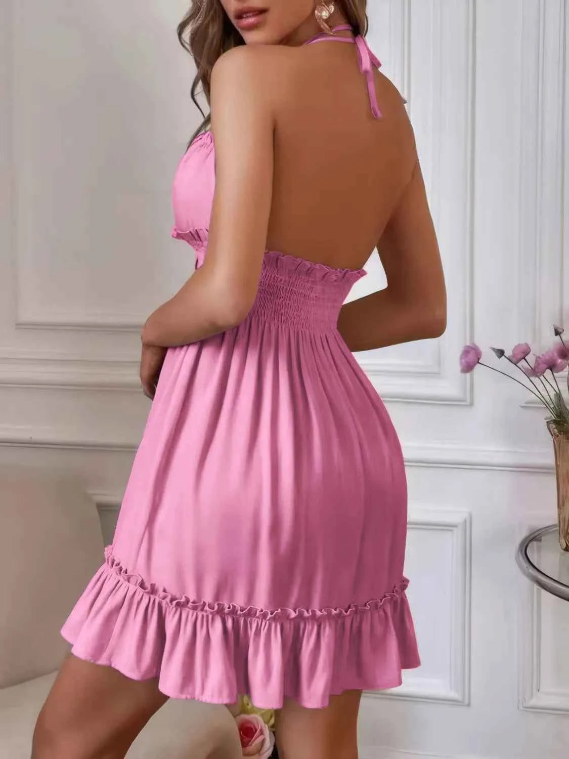 Smocked Halter Neck Mini Dress