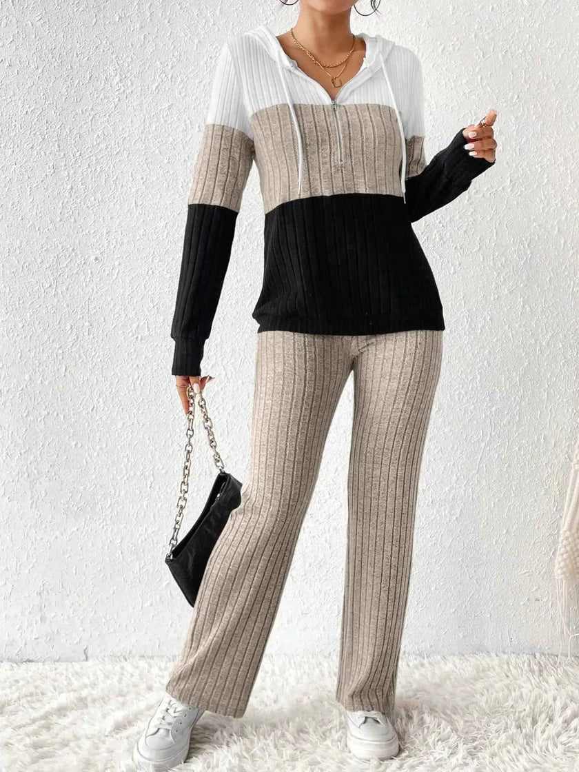 Color Block Half Zip Hooded Top and Pants Set