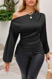 Drawstring One Shoulder Long Sleeve Blouse