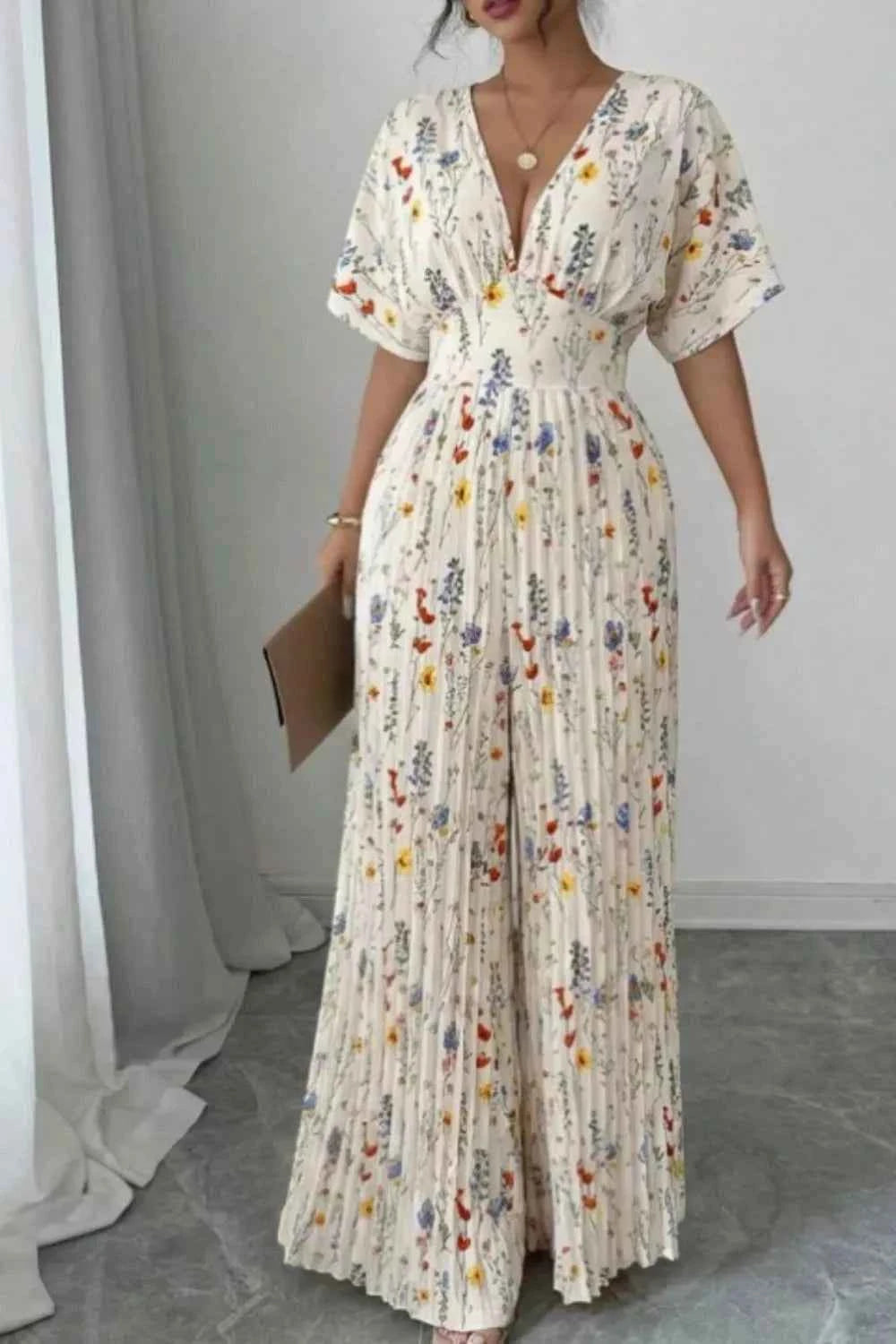 Floral Print Wide Leg Pleated Jumpsuit