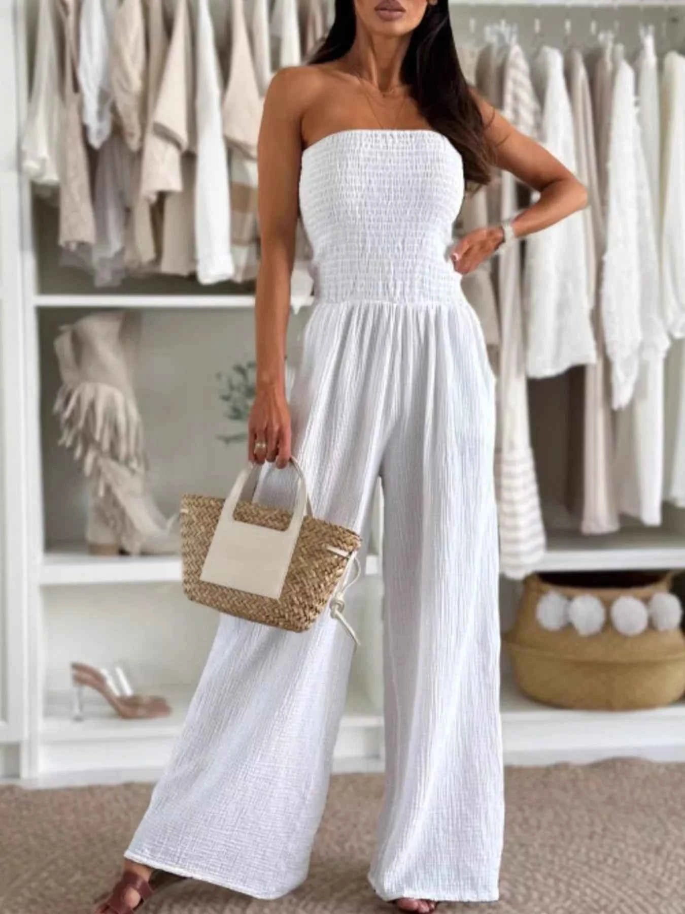 Smocked Tube Wide-Leg Jumpsuit