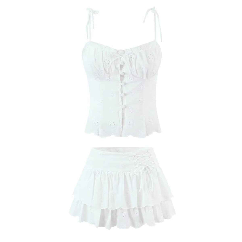 Sexy camisole top embroidered floral skirt set