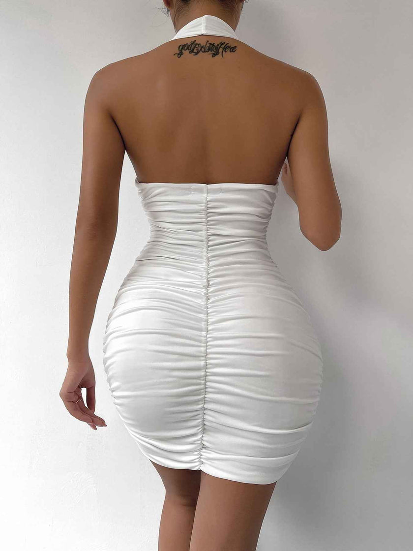 Halter Neck Ruched Bodycon Mini Dress