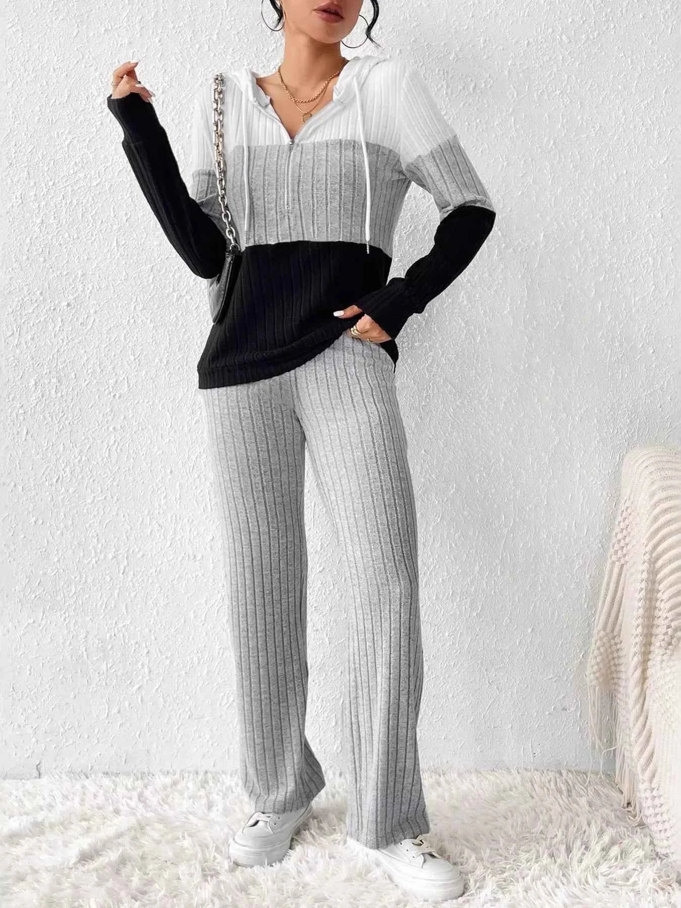 Color Block Half Zip Hooded Top and Pants Set