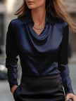 Ruched Long Sleeve Drape Collar Blouse