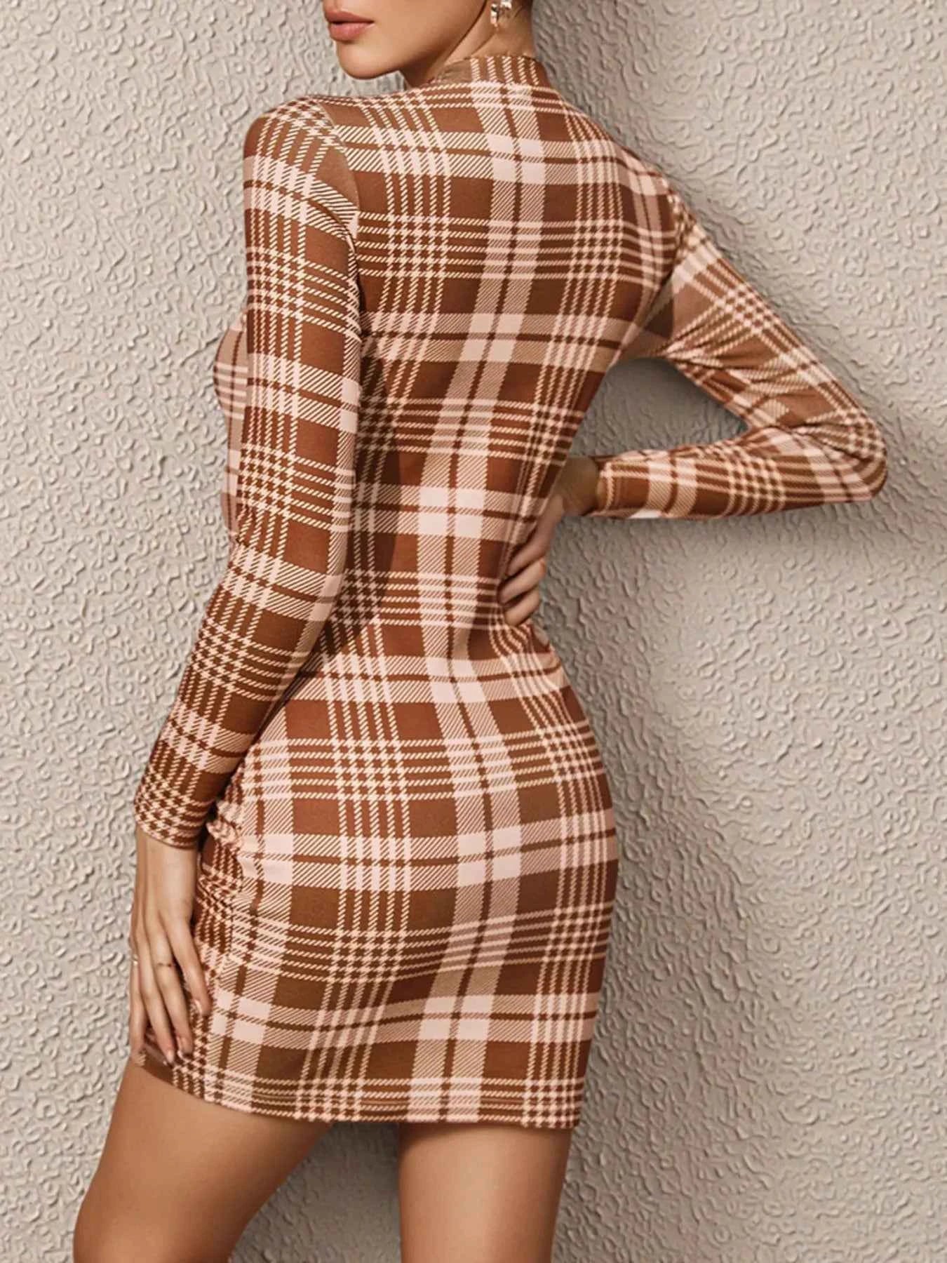 Long Sleeve Plaid Bodycon Mini Dress