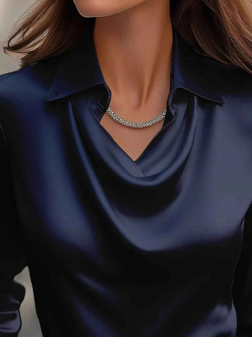 Ruched Long Sleeve Drape Collar Blouse