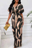 Printed V-Neck Short Sleeve Wide Leg Jumpsuit