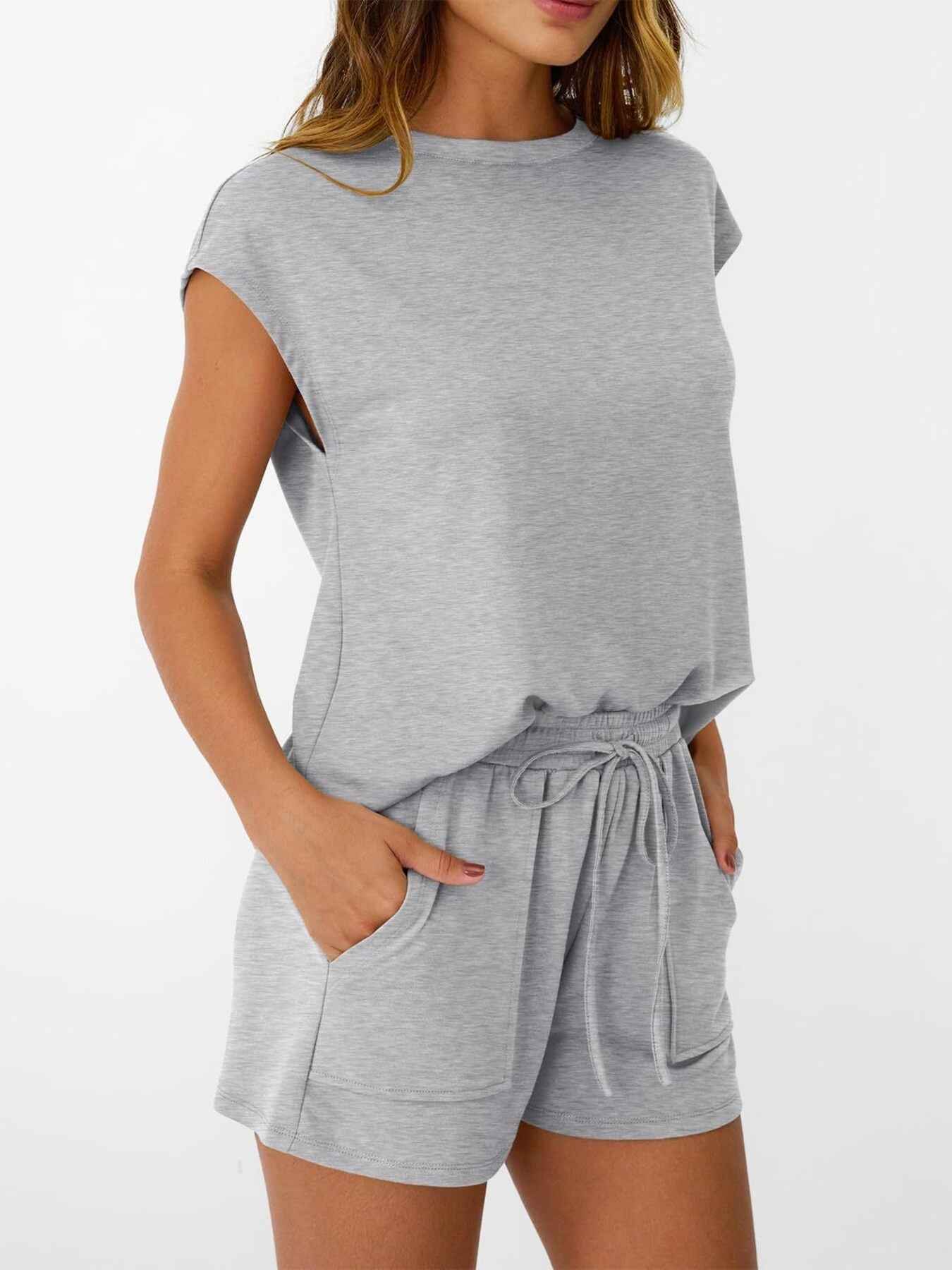 Round Neck Cap Sleeve Top and Shorts Set