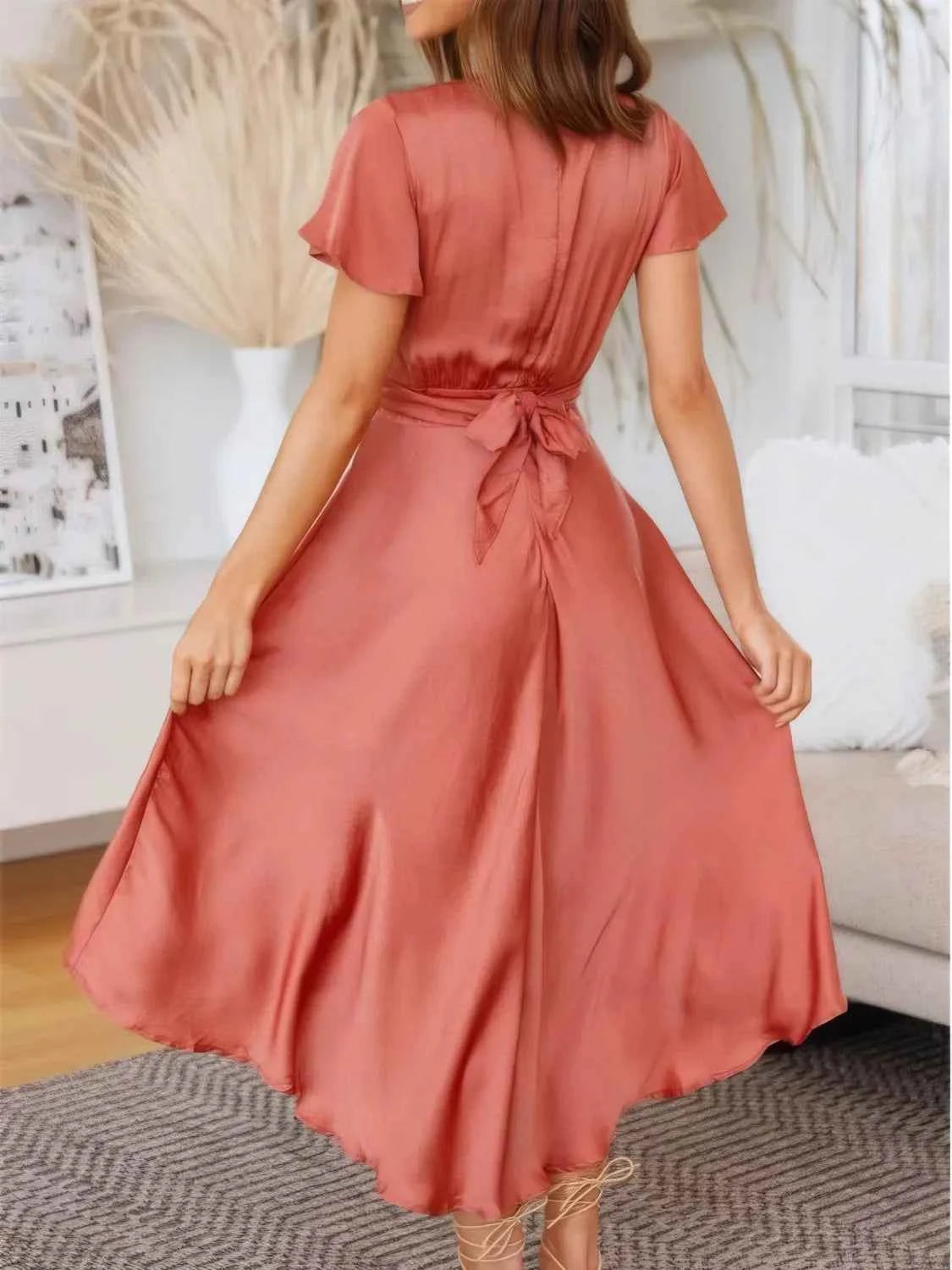 High-Low Plunge Flutter Sleeve Dress