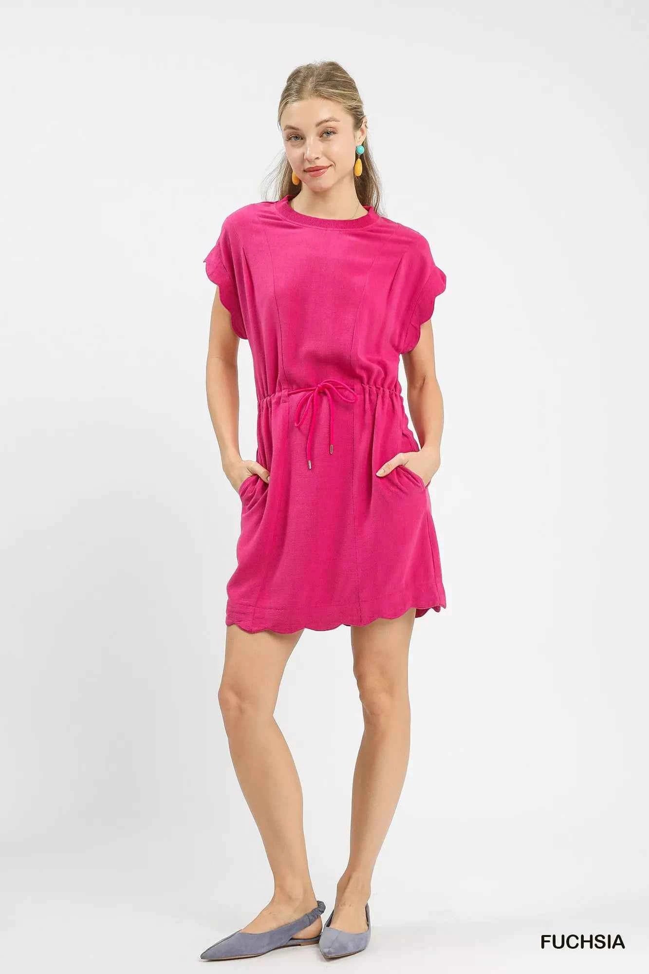 Umgee Linen Blend Scallop Hem Mini Dress