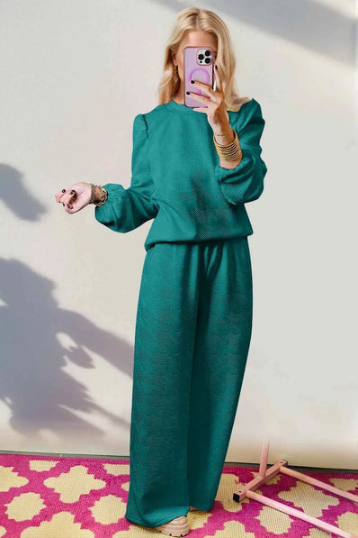 Double Take Texture Long Sleeve Top and Wide Leg Pants Set