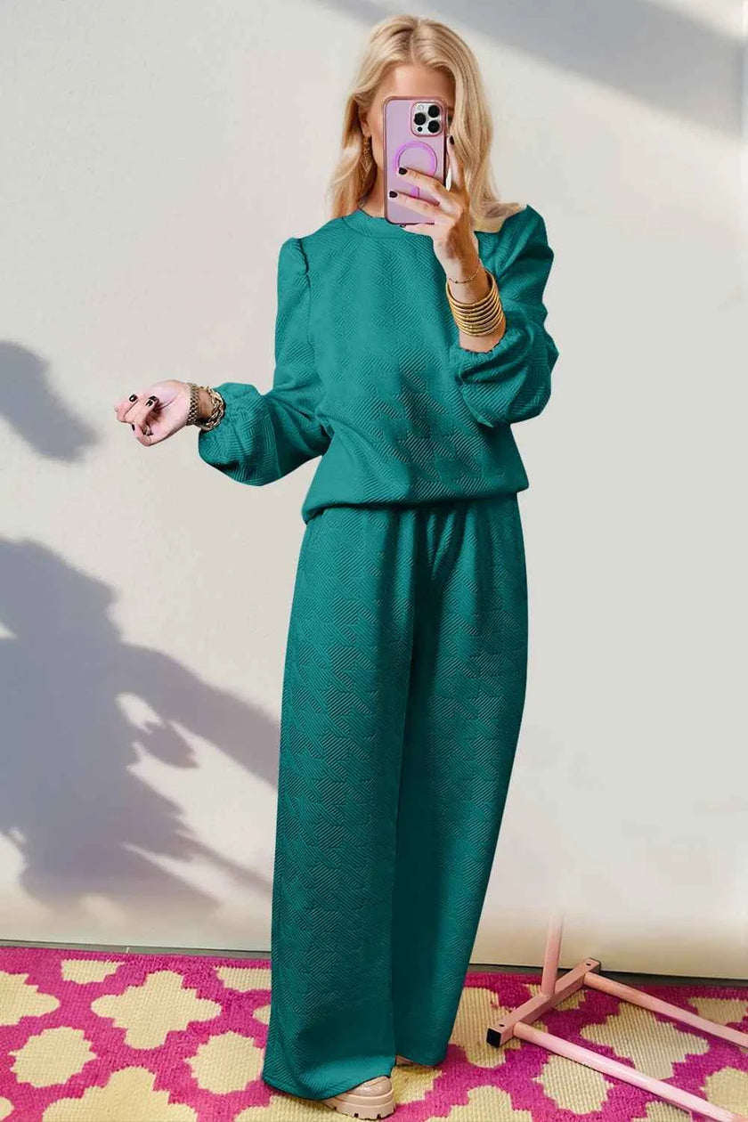 Double Take Texture Long Sleeve Top and Wide Leg Pants Set