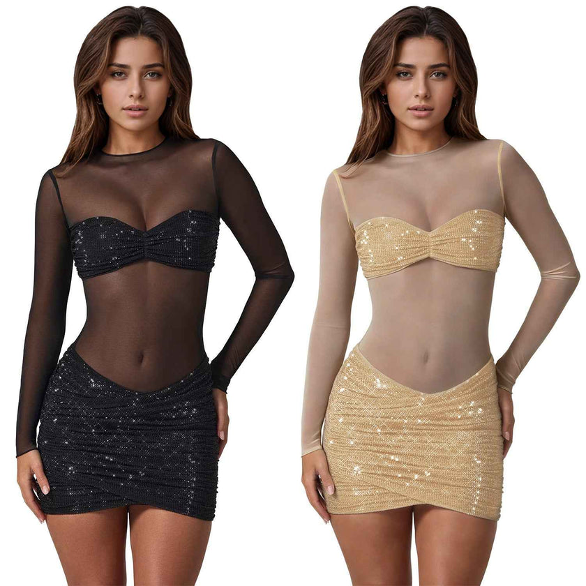 Fashion Women's Sexy Sheer Mesh Rhinestone Dress Mini Skirt