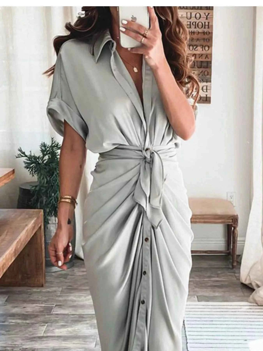 Tie-Waist Button-Down Midi Dress
