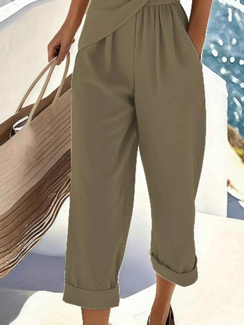 Full Size Surplice Short Sleeve Top and Pants Set Plus Size