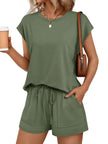 Round Neck Cap Sleeve Top and Shorts Set