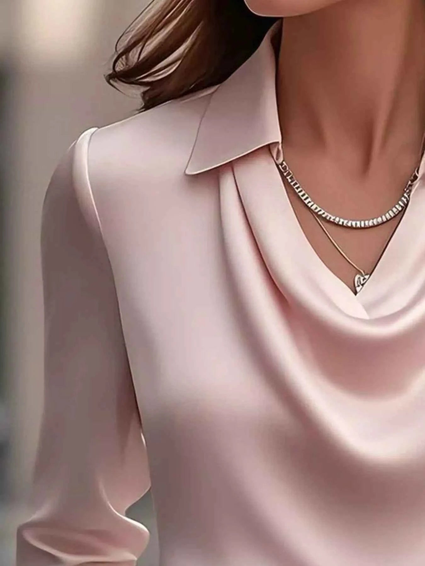 Ruched Long Sleeve Drape Collar Blouse